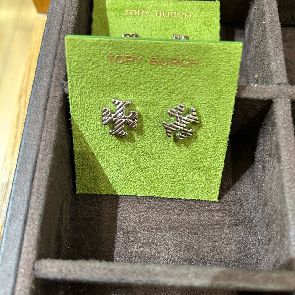 Tory Burch silver-tone pave small logo stud textured rope earrings silver small